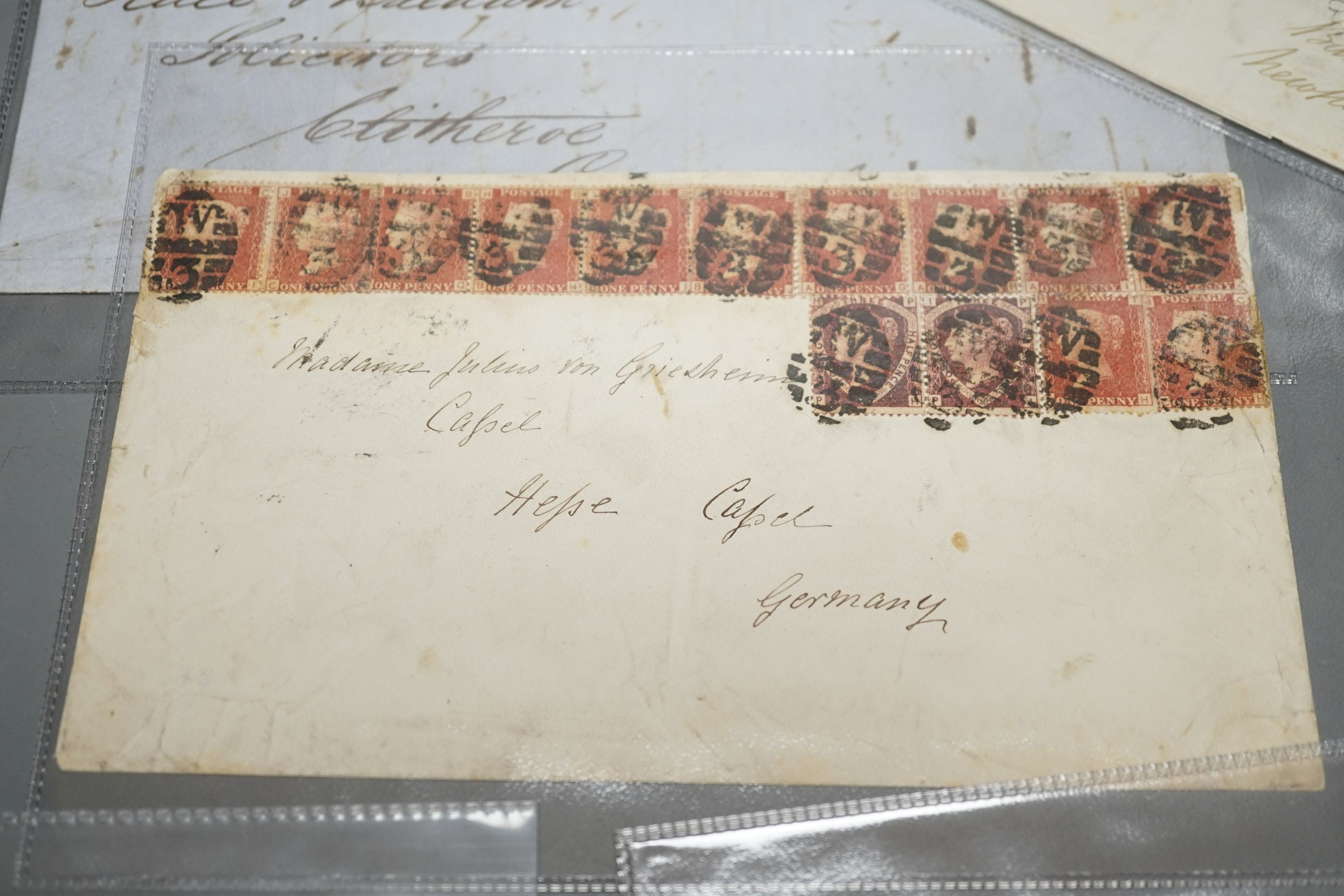 Great Britain group of seven covers with Dec. 1840 1d black plate 4, Feb. 1841 1d black, pair plate 8 to Southampton, Apr. 1841 1d black plate 7, 1856 2d blue. Two large covers with 1d reds and 1858 2d blue. 1858 pair 4d
